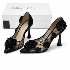Betsey Johnson Black Mesh Heels with Floral Design